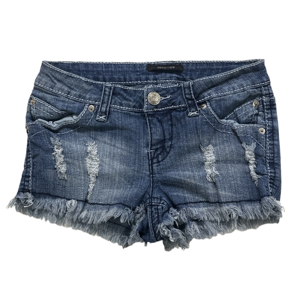 Y2K SEDUCTIONS women's lowrise micro distressed rhinestone denim shorts, 3.